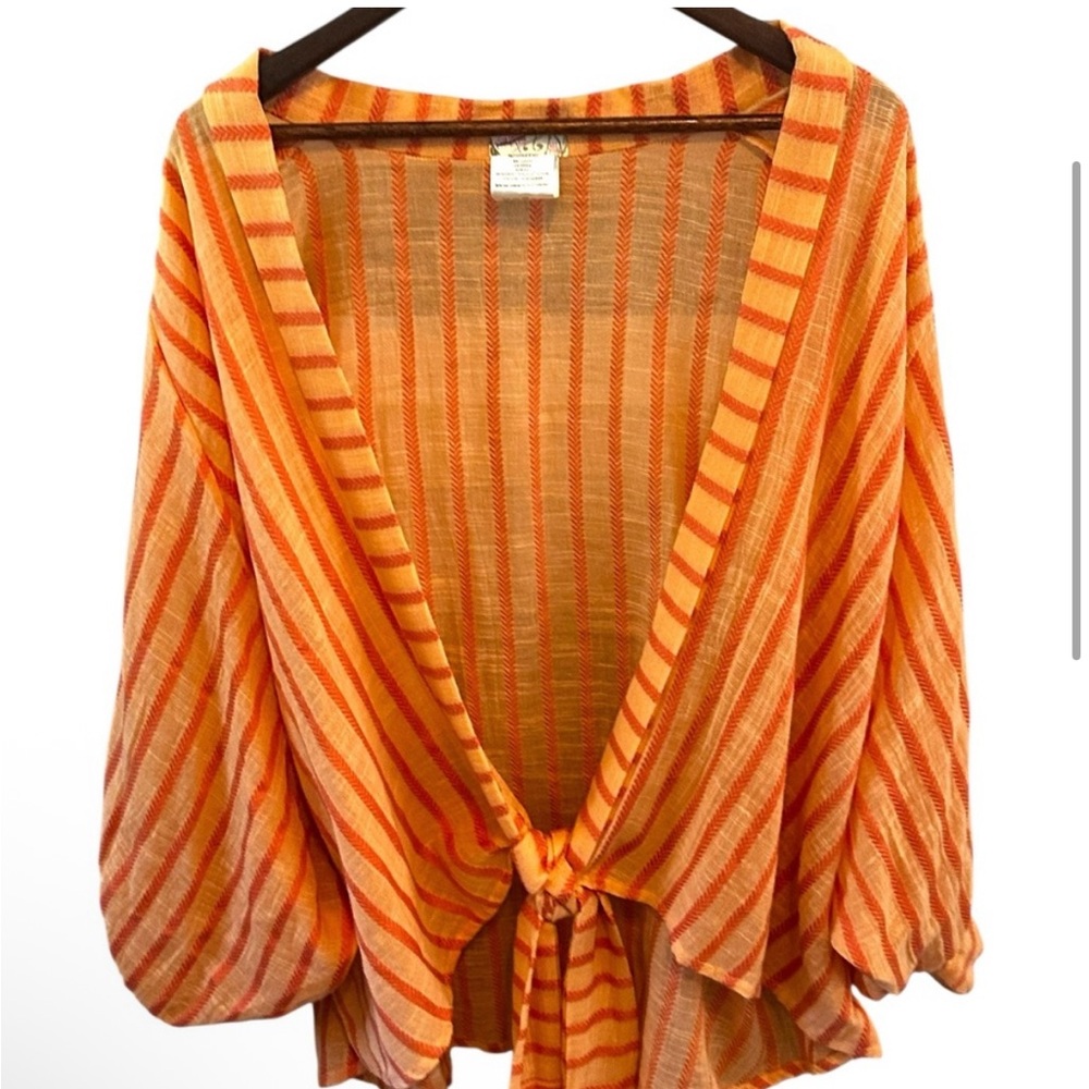 FREE PEOPLE BOW AND ARROW TIE FRONT KIMONO ORANGE STRIPE COTTON BLEND ONE SIZE